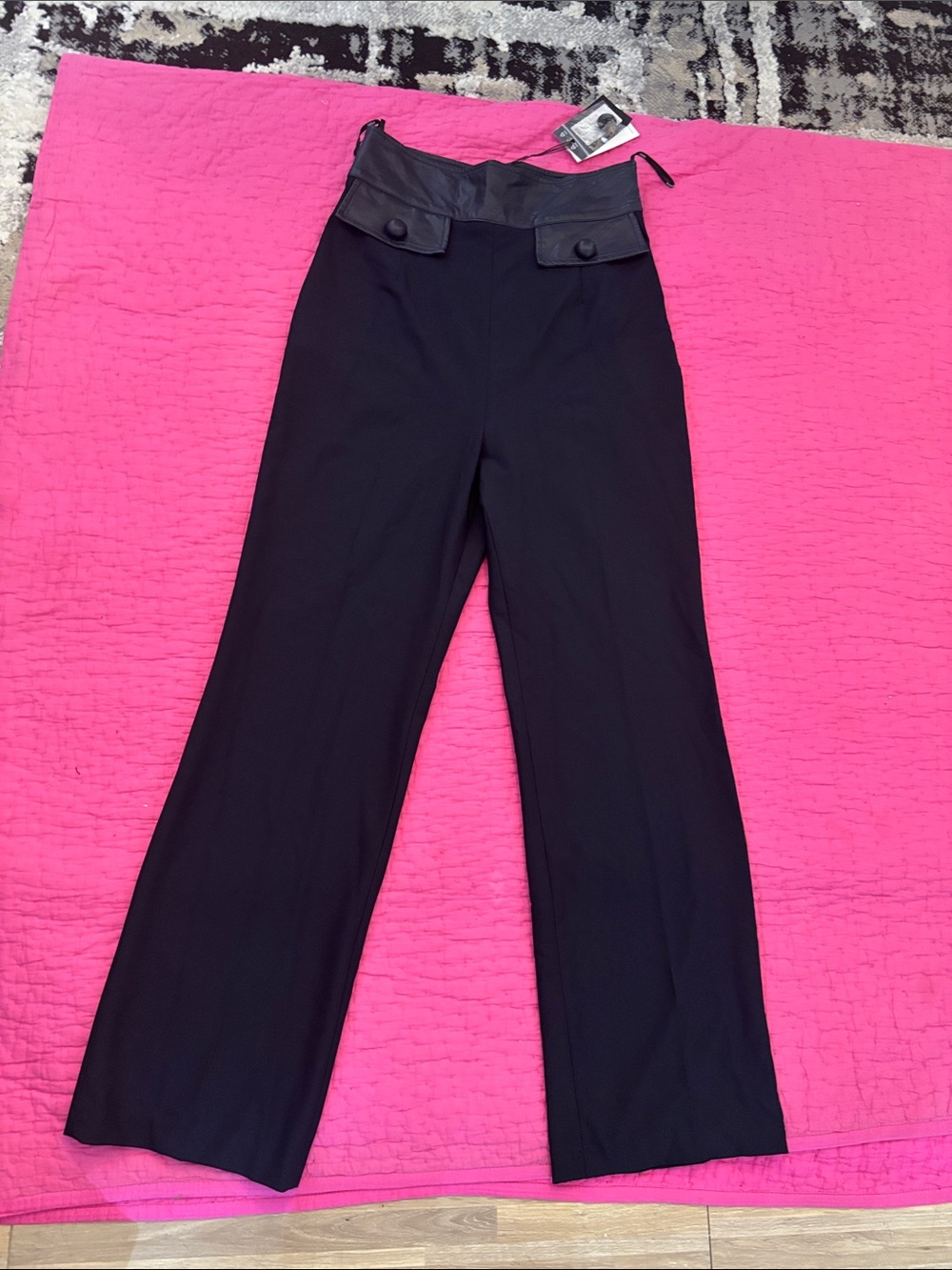 NWT Tenax super High-Rise Black Wide-Leg Pants with Faux Leather Waist Detail, S